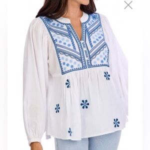 Mud Pie White Blouse with Blue Embroidery